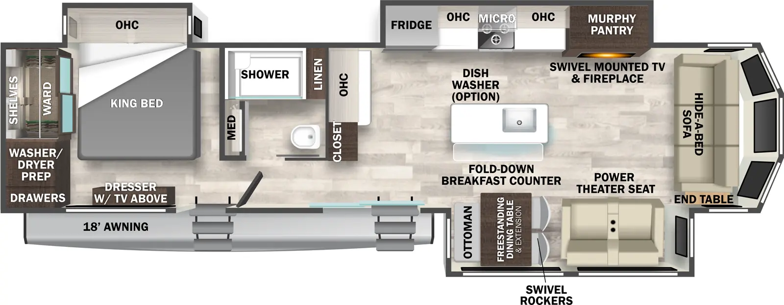 The Cedar Creek Cottage 40CCK has two entries and three slide outs. Exterior features include: fiberglass exterior and 18' awning. Interiors features include: kitchen island, free-standing dinette option, rear bedroom and front living.